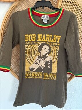 Catch a Fire Bob Marley Graphic Ringer Tee with Rasta Trim